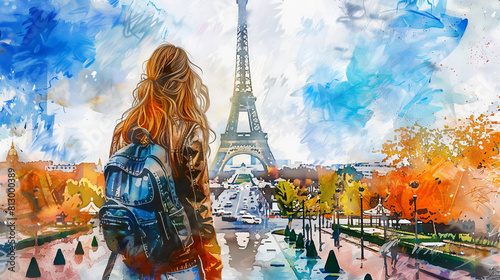 Beautiful watercolor painting of Back view of female tourist backpacker looking at Eiffel tower in Paris, France. photo