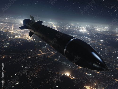 Illustration of an atomic bomb being launched above the sky