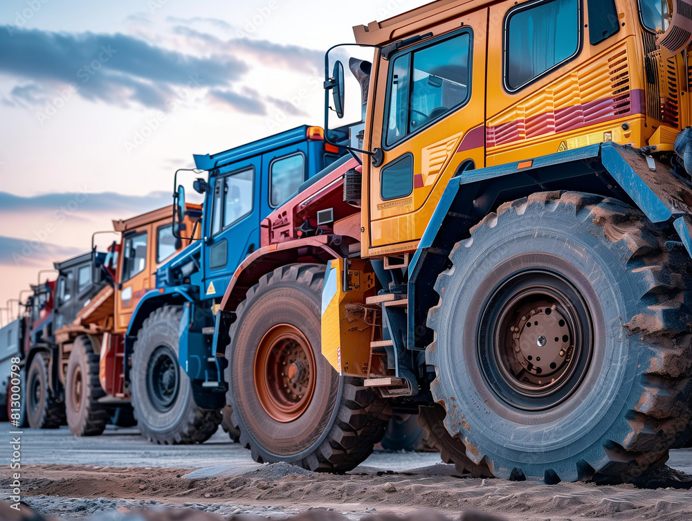 A lineup of colorful heavy-duty dump trucks, showcasing large rugged tires and robust frames, parked on a construction site at dusk.