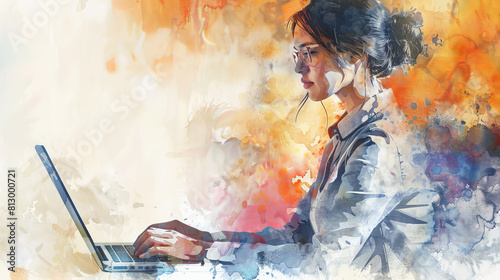 Portrait of beautiful businesswoman  working with laptop. Minimal watercolor painting illustration.