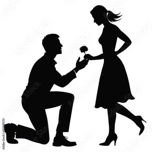 Boyfriend proposing to his girlfriend in a romantic moment by breaking his knee vector silhouette 