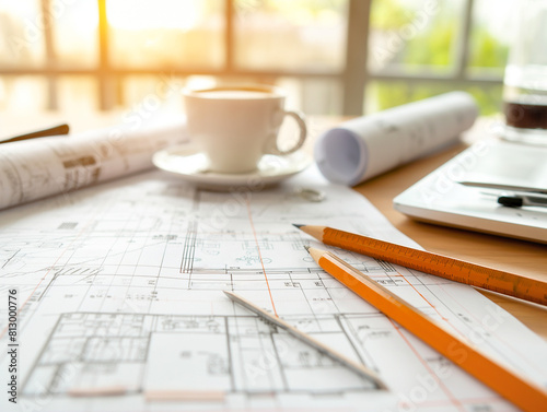 Morning light illuminates an architectural planning desk with blueprints, coffee, and drafting tools, ready for a productive day.