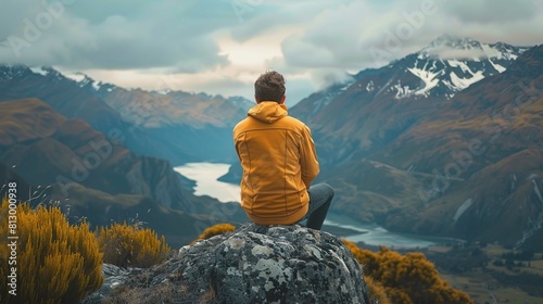 A person is seen from behind, sitting on a rock and gazing at a breathtaking landscape. The individual is wearing a mustard yellow jacket with a hood, dark pants, and sneakers. The jacket’s hood is up