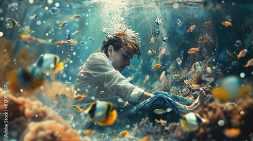 A person is sitting underwater on a rocky bottom surrounded by a variety of colorful fish. The person, identifiable by their casual attire of a white shirt and denim jeans, has their legs crossed and 