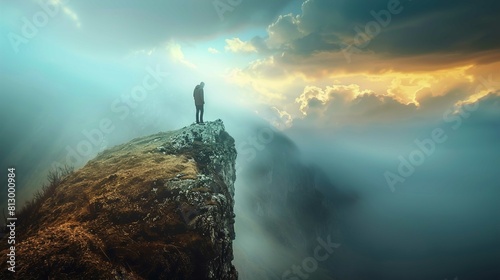 A solitary figure stands on the edge of a steep cliff, gazing out into the distance. The cliff overlooks a vast and misty abyss, with the edge starkly defined against the hazy background. The individu