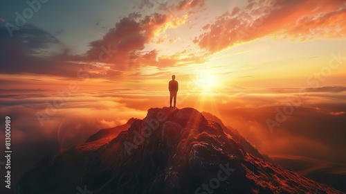 A silhouetted individual stands triumphantly at the peak of a mountain ridge, gazing out over a dramatic landscape. A vast sea of clouds blankets the valley below, rolling dynamically across the terra photo