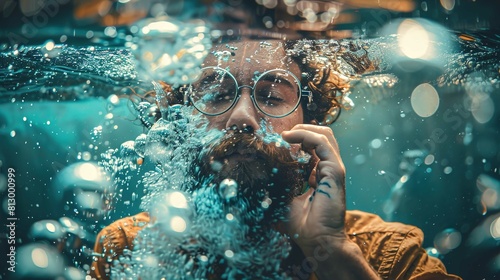 A person with a bushy beard and curly hair is submerged in water up to their forehead. The individual is wearing large, round glasses that have accumulated tiny air bubbles around the rims. They are h photo