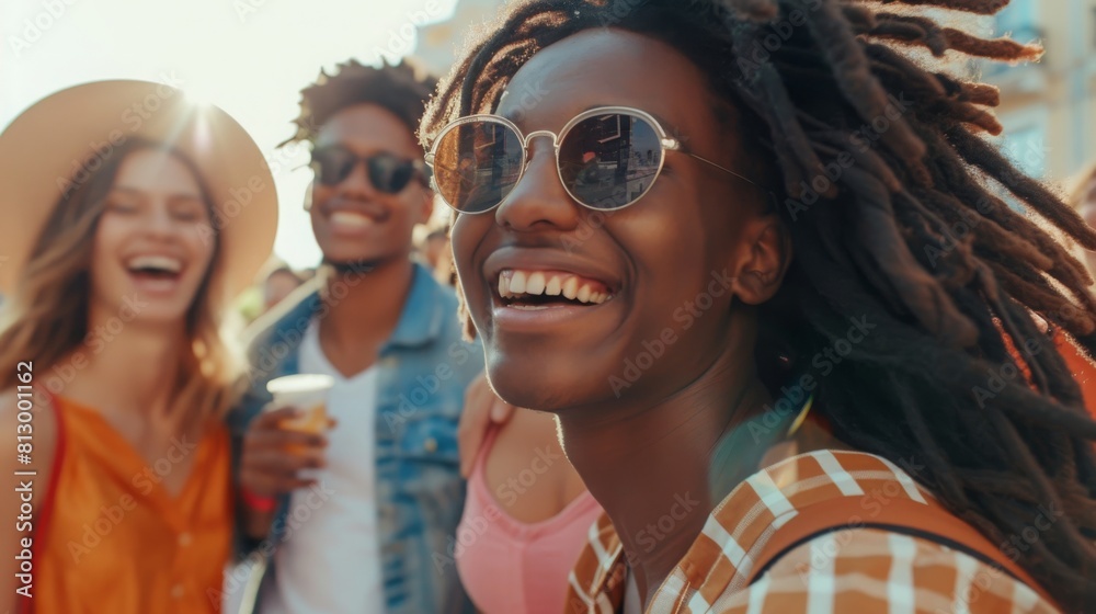 Diverse group of friends having fun in the city. Group of multiethnic generation z friends enjoying spending time together. Cheerful young friends making happy memories together outdoors.