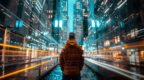 A person stands in the center of an urban scene, viewed from behind, looking out towards a cityscape at night. They are wearing an orange, puffy jacket with a hood, dark pants, and dark shoes. The cit photo