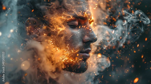 A close-up of a person's profile with eyes closed, immersed in a dynamic and dramatic swirl of bright glowing embers and smoke. The sparks and smoke seem to originate from the person as if they are di photo