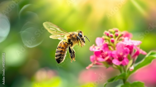 A bee pollinating a pink flower. © Sittipol 