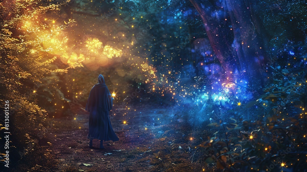 A mystical scene unfolds within a dense forest. A cloaked figure stands on a dirt path, back to the viewer, facing a spectacle of glowing lights and sparkles. The lights radiate warm golds on the left