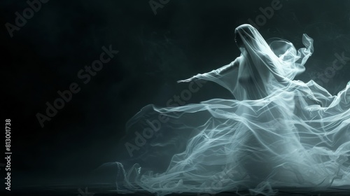 A ghostly figure is dancing in the air, surrounded by smoke