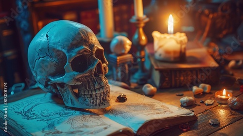A human skull rests on an open book with illustrated and written content, suggestive of ancient or alchemical texts. The setting evokes a mystical or occult atmosphere, with a warm, subdued light illu