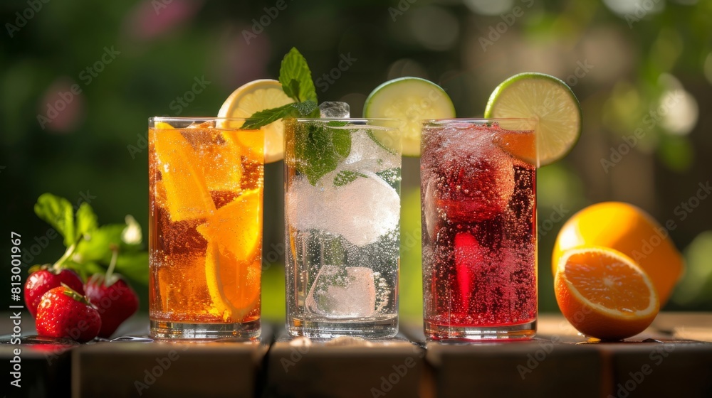 Fototapeta premium Cold carbonated drinks with ice, served in glasses