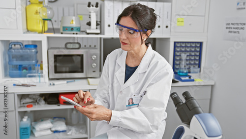 Hispanic woman scientist using smartphone in laboratory setting, likely reviewing data or communicating.