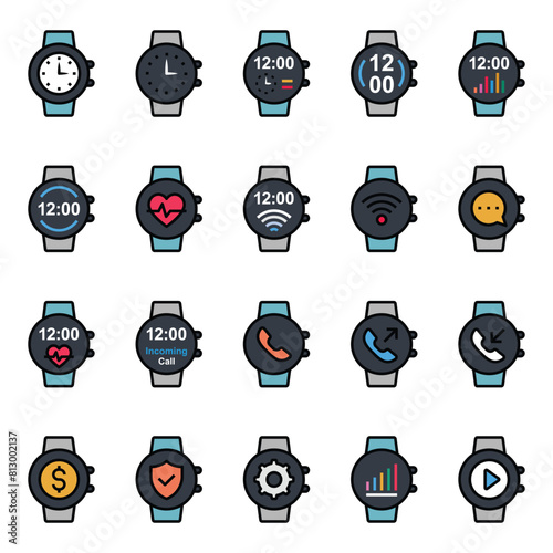 Filled color outline icons set for Smart watch.