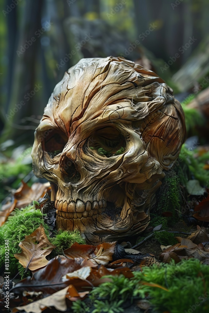 Carved Wooden Skull Embedded in Tree Bark
