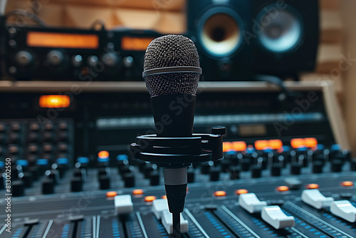 microphone on the stage, Step into the world of sound recording with this captivating visual featuring a microphone elegantly poised on digital recording equipment in a professional studio setting photo