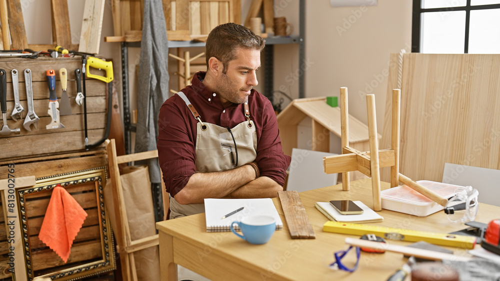 Handsome hispanic man in apron contemplating a wooden model in a well-equipped carpentry workshop. Handsome hispanic man in apron contemplating a wooden model in a well-equipped carpentry workshop.