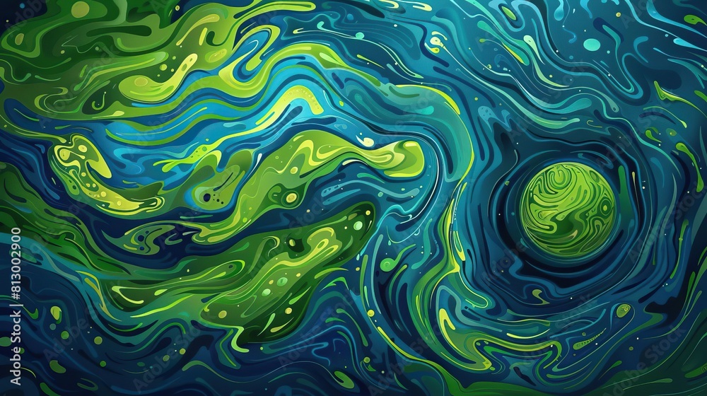 An abstract Earth Day background with swirling green patterns over a deep blue base An abstract Earth Day background with swirling green patterns over a deep blue base