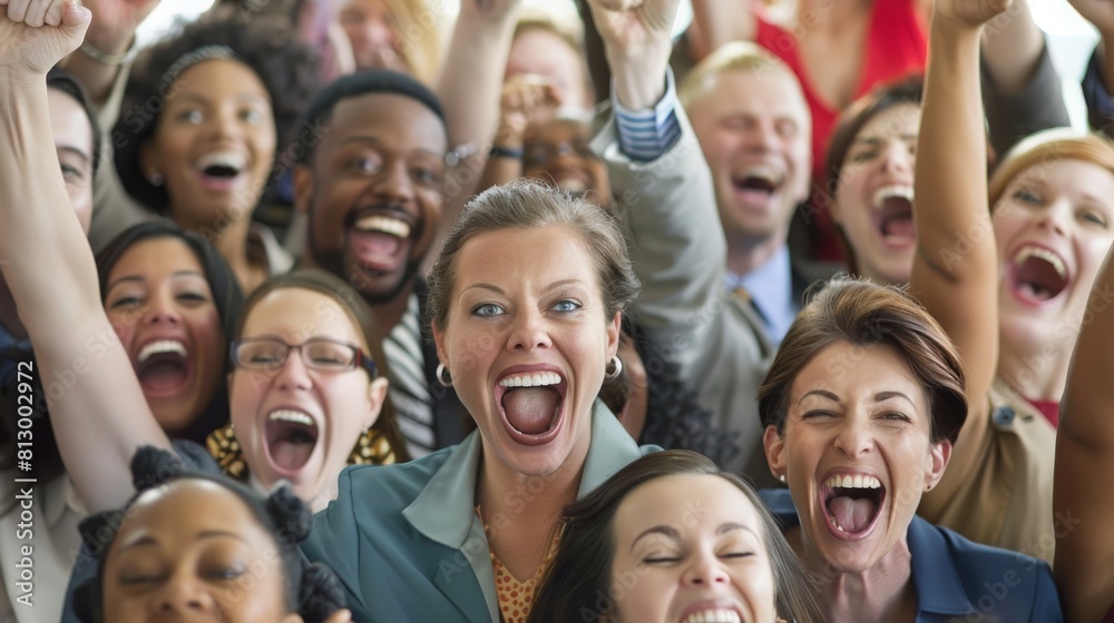 Excited diverse business team employees screaming celebrating good news business win corporate success, happy multi-ethnic colleagues workers group feeling motivated ecstatic about great achievement Excited diverse business team employees screaming celebrating good news business win corporate success, happy multi-ethnic colleagues workers group feeling motivated ecstatic about great achievement