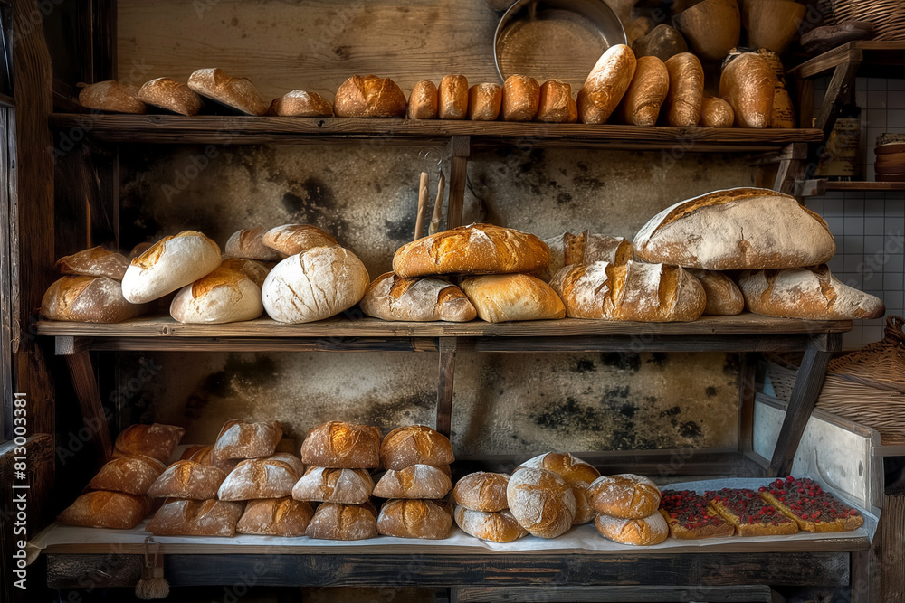 bread in the market, Wake up to the aroma of freshly baked bread and pastry in the morning at the old town bakery, where the warmth of the oven fills the air with comfort and nostalgia