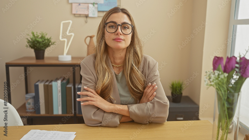 A young, attractive, caucasian woman in business attire with crossed arms sitting in a modern living room. A young, attractive, caucasian woman in business attire with crossed arms sitting in a modern living room.