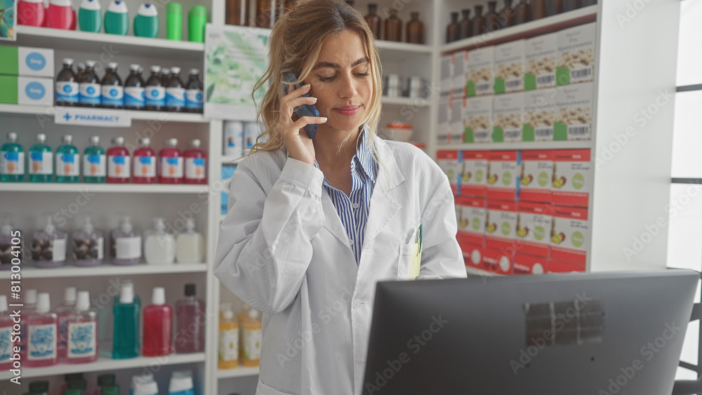 A blonde woman pharmacist in a white coat is multitasking on a phone call and computer in a drugstore. A blonde woman pharmacist in a white coat is multitasking on a phone call and computer in a drugstore.