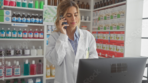 A blonde woman pharmacist in a white coat is multitasking on a phone call and computer in a drugstore.