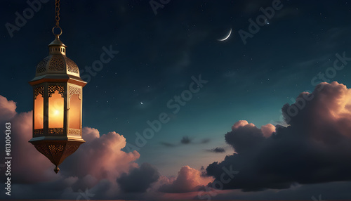 A mesmerizing sky background with a 3D rendering of Ramadan lanterns. Generative AI