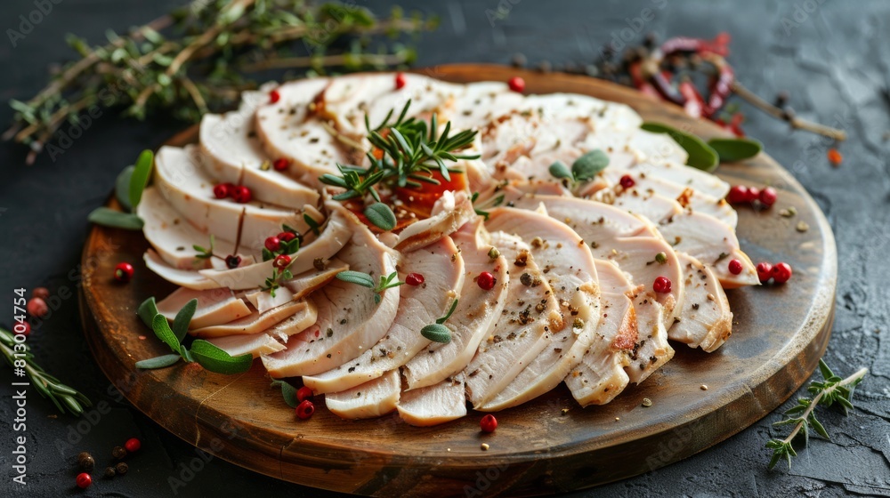 Turkey, cut into thin slices, on a wooden platter on a dark rocky background with decorative herbs around. Turkey, cut into thin slices, on a wooden platter on a dark rocky background with decorative herbs around.