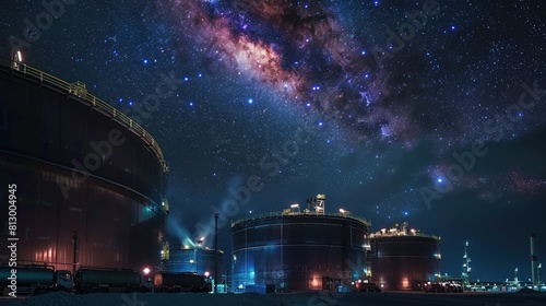 Oil storage depot under starry night sky