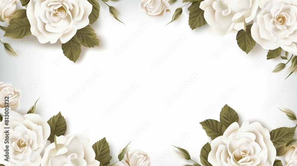 White roses with green leaves on a white background. White roses with green leaves on a white background.