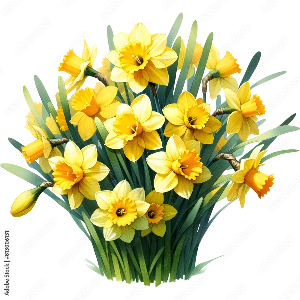Daffodil Flower Watercolor Illustration on a Transparent Background, Yellow Flower