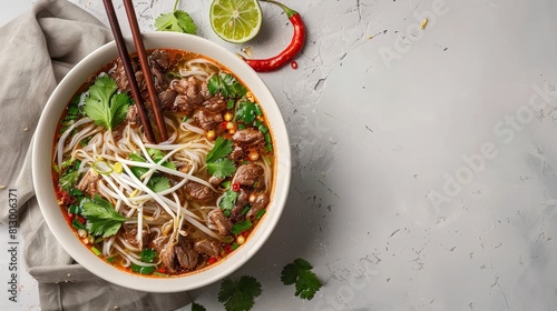 Vietnamese beef phobo soup with soy sprouts, coriander, lime slices and chopsticks. A banner with a place to copy it. photo