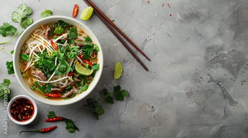 Vietnamese beef phobo soup with soy sprouts, coriander, lime slices and chopsticks. A banner with a place to copy it. photo