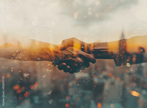 Double exposure of a business handshake over a city background, depicting the concept of success and hard work lingering in the air photo