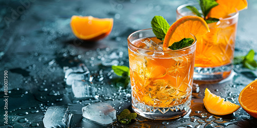 Refreshing lemonade with oranges and mint on wooden table background