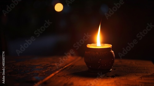 A candle is lit in a small glass jar