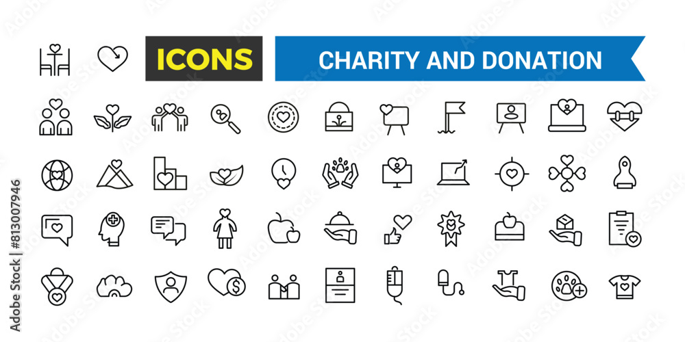 Charity And Donation Icon Set, Set Of Charity Line Icons, Simple Pictograms Pack, Stroke Vector Illustration Charity And Donation Icon Set, Set Of Charity Line Icons, Simple Pictograms Pack, Stroke Vector Illustration