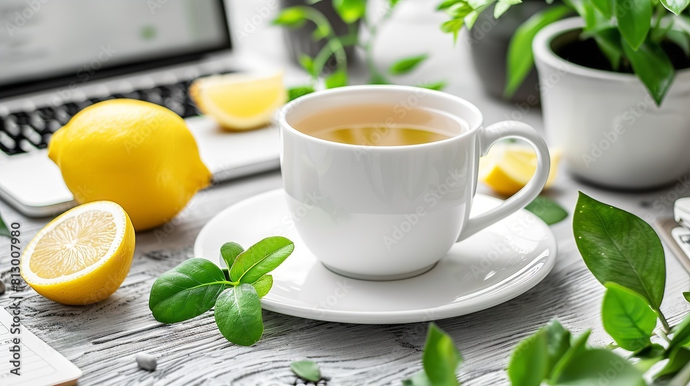 Cup of lemon tea and laptop placed next to each other on a wooden table Cup of lemon tea and laptop placed next to each other on a wooden table