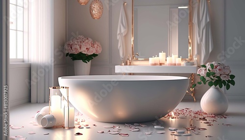 Elegant white bathroom interior with romantic atmosphere  burning candles and rose petals. Generative AI 