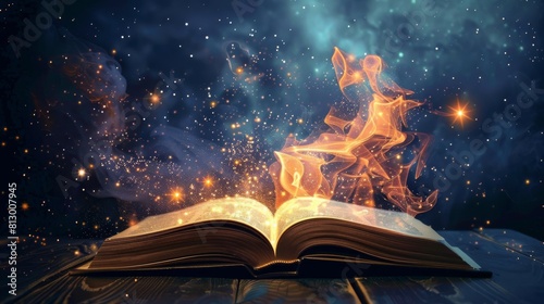 A book is open to a page with a fire on it