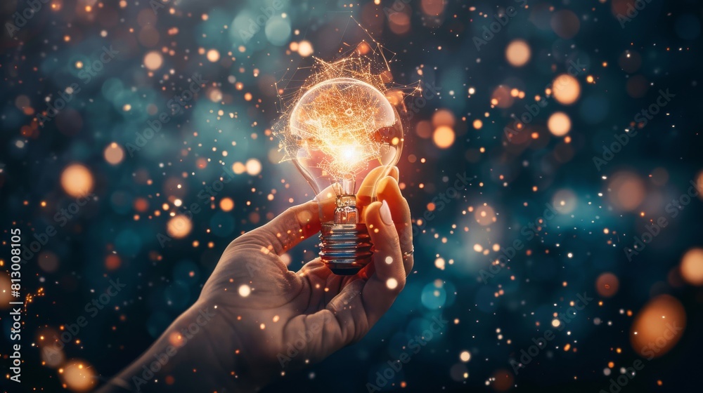 Fototapeta premium A hand holding a light bulb in a blurry, glowing light