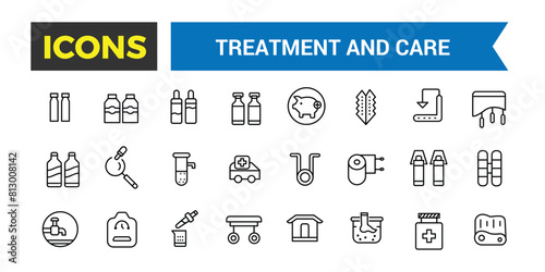 Treatment and Care Icon, Emergency, Pharmacology And More, Thin Line Icons Set, Vector Illustration
