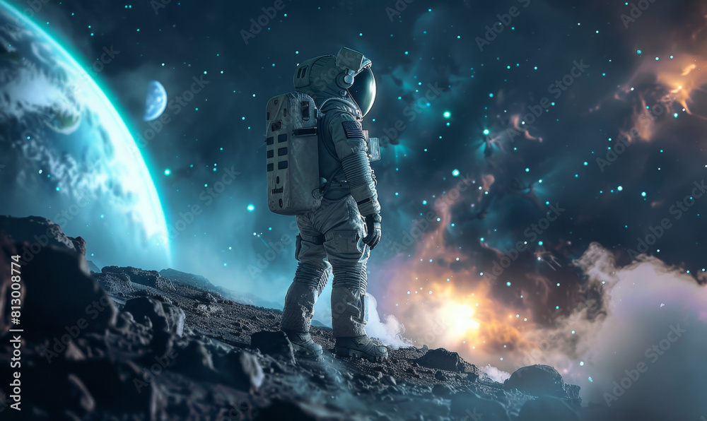 An astronaut standing on the surface of an alien planet, gazing at ...