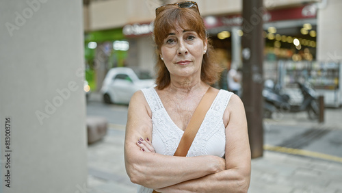 Middle-aged redhead woman with arms crossed standing on a city street exuding confidence and elegance.