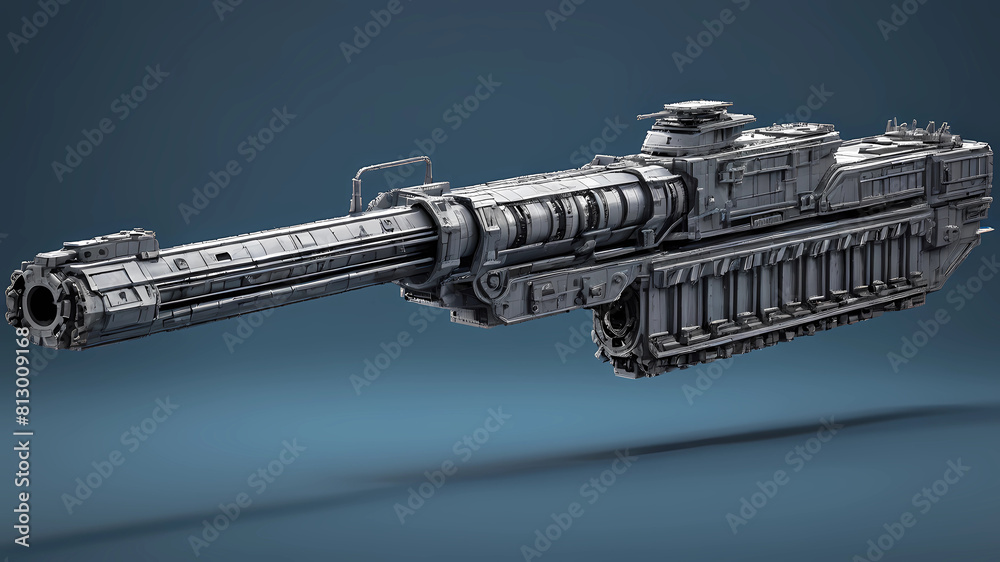 object, battleship railgun, blue background, from side, highly detailed render