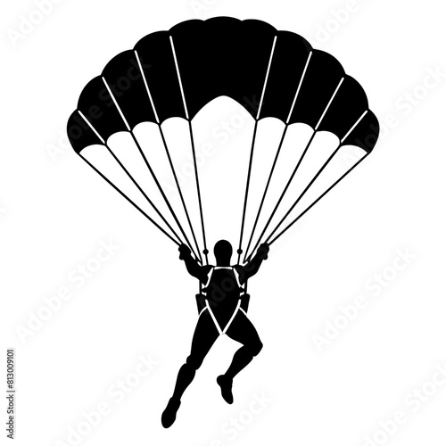 Man Jumping With Parachute vector silhouette, white background 